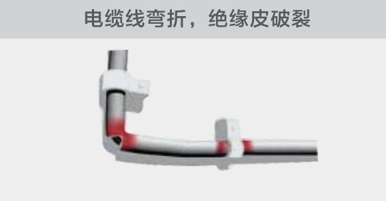 在安裝過程中，由于電線的彎曲半徑過小，或是線夾過緊，導(dǎo)致線纜絕緣皮破裂，產(chǎn)生電弧隱患