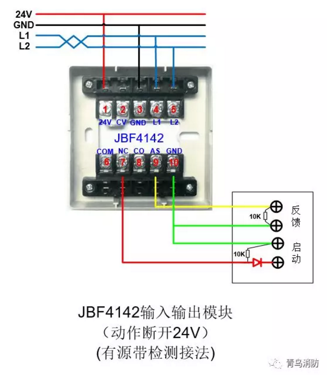JBF4142輸入/輸出模塊動(dòng)作斷開(kāi)24V（有源有檢測(cè)）接線(xiàn)圖