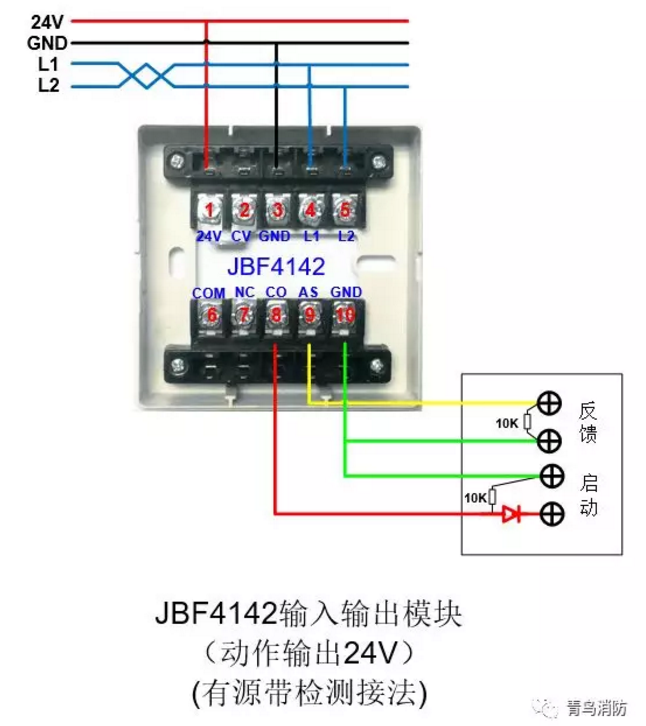 JBF4142輸入/輸出模塊動(dòng)作輸出24V（有源有檢測(cè)）接線(xiàn)圖